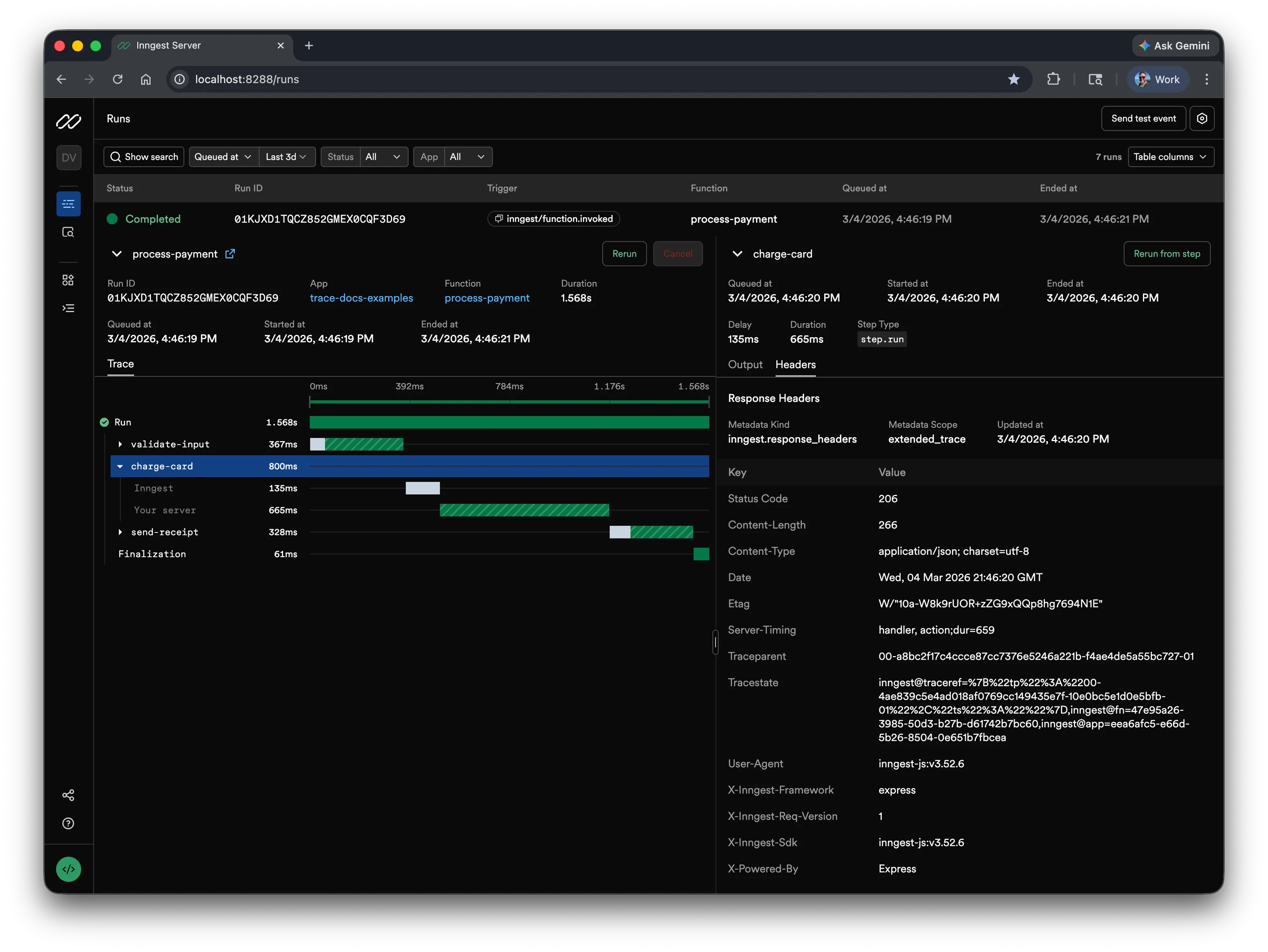 Step details panel showing timing info, step-specific fields, and I/O tabs